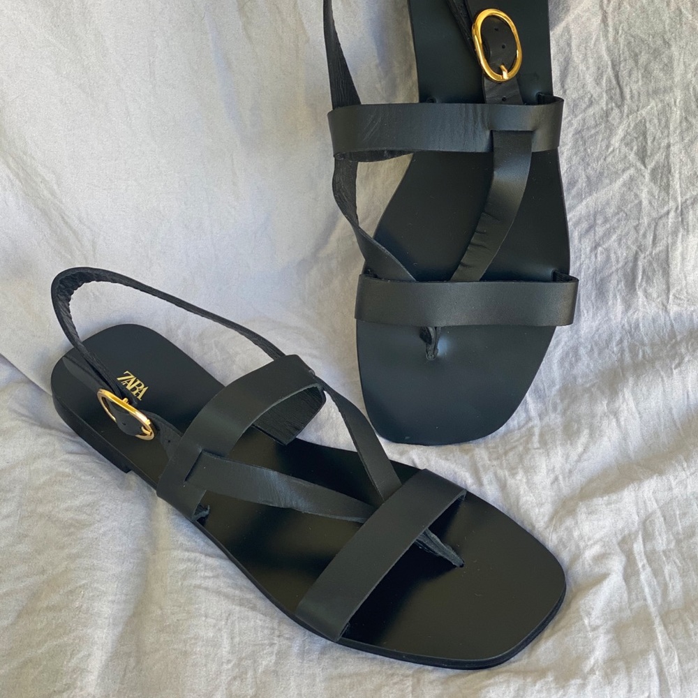 Zara black leather sandals. Never worn.